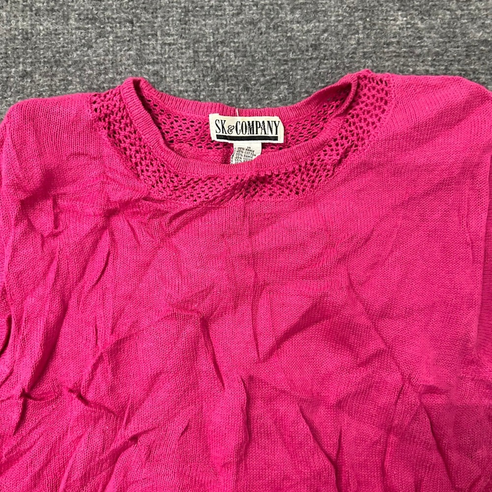SK&Company Sweater Womens Size M Pink Ramie Cotton Crochet Neck Short Sleeve